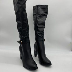 Black Chunky Heel Over-the-Knee Boot With Buckle